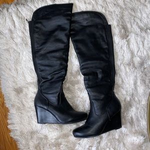 Black Wedge Knee High Boots